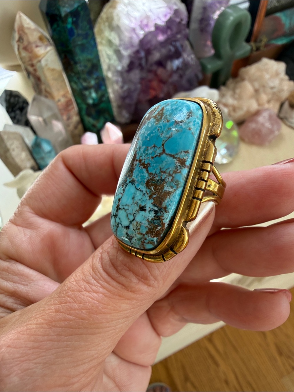 Turquoise Stone Gold-Setting Men's Statement Ring 6.5